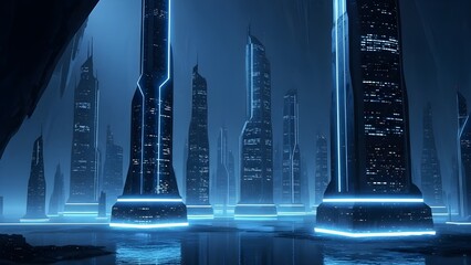 Futuristic cityscape with glowing neon lights and sleek modern architecture