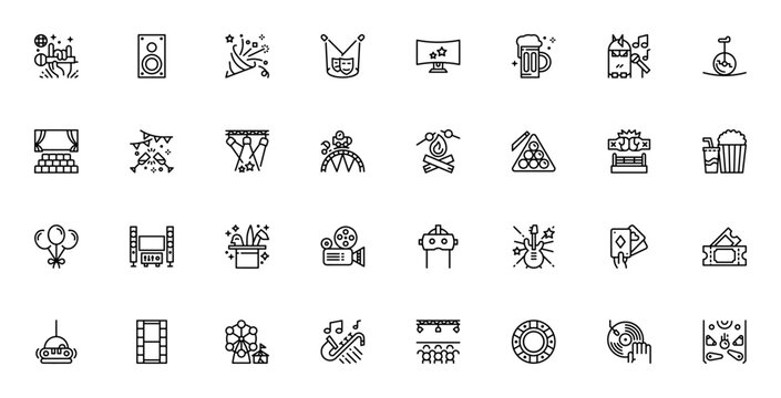 Entertainment icon set. Vector illustration pack. Feturing karaoke, cinema, cocert, party, DJ, guitar, pker, roller coaster and moe. Editable stroke.