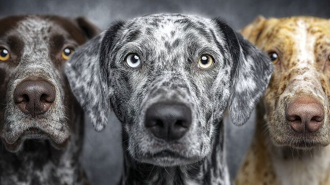 Three close up dogs with different fur colors and heterochromia eyes looking attentively, showing detailed texture and expression in studio setting