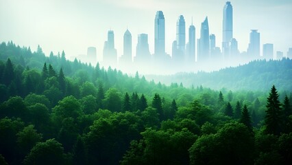 City skyline emerging from lush green forest landscape in a dreamy atmosphere