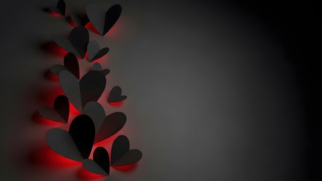 Dark hearts with red light on gray background for valentine s day or romantic concept