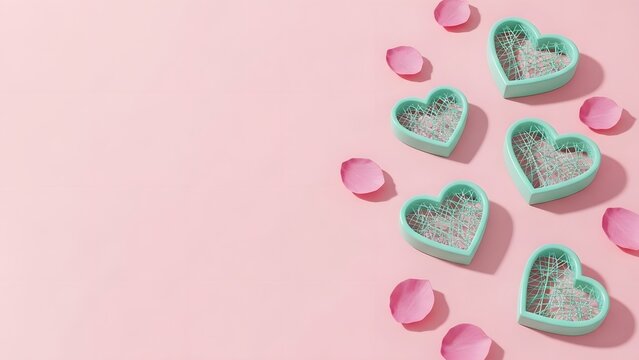 Pastel heart shaped cookie cutters and rose petals on a pink background for valentine s day - Powered by Adobe
