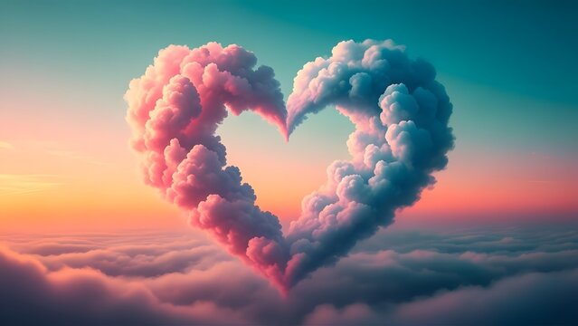 Dreamy heart shaped cloud formation above a sea of clouds at sunset for valentine s day