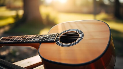 chord. An acoustic guitar resting on a wooden bench, highlighted by warm sunlight and soft focus. tutorial guides, club newsletters, designed for tourism and weekend activity guides.