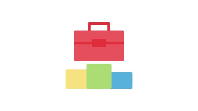A vibrant red suitcase accompanied by a neatly arranged stack of colorful blocks in different hues.