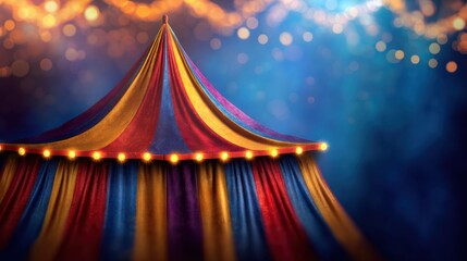 A vibrant circus tent stands tall with red yellow and blue stripes. Bright lights illuminate the canopy creating a festive mood at a night celebration.