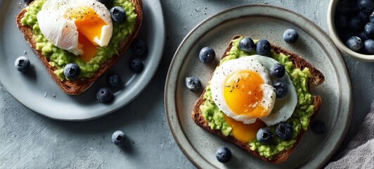 Nordic healthy breakfast with avocado toast, poached eggs, and blueberries on matte ceramic plates, soft cold daylight, minimal Scandinavian styling, airy negative space, modern clean composition