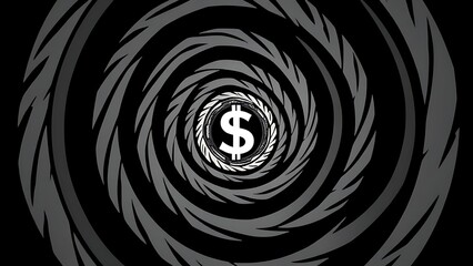 cynicism. A distorted spiral pattern featuring a currency symbol at its center in monochromatic graphic design style. pitch deck slides.
