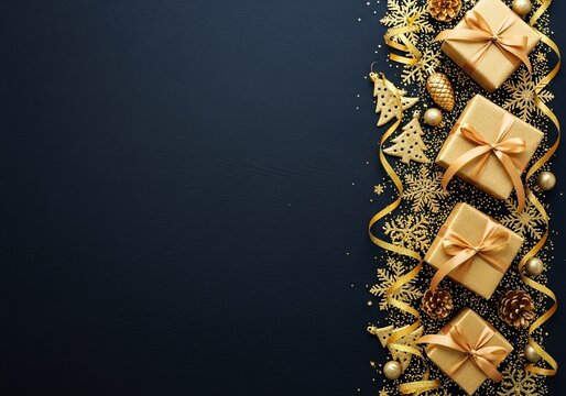 Elegant golden christmas decorations with gift boxes on a dark background - Powered by Adobe