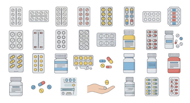 A large collection of illustrated medical pills capsules and tablets in various blister packs and bottles shown in a colorful doodle style.