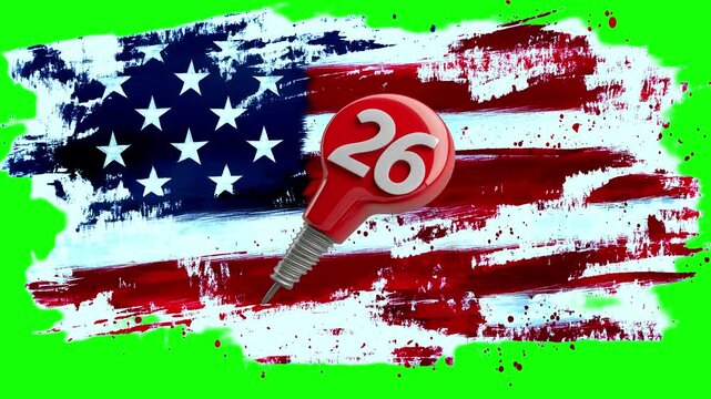 Patriotic american flag design with number twenty six in red and white on a green background