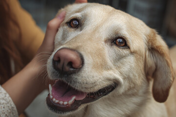 Labrador dog enjoying attention from woman, showing happy expression and close up of face with warm brown eyes and light fur coat in cozy setting