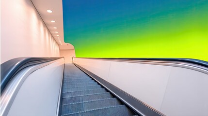 Escalator Ascending with Modern Architecture and Gradient Background