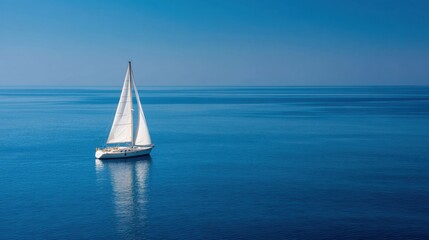 A lone sailboat glides smoothly over tranquil blue waters. The sun shines brightly as the boat sails with its white sails fully unfurled. It is a serene afternoon.