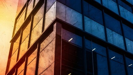Modern office building at sunset with glass facade and geometric design