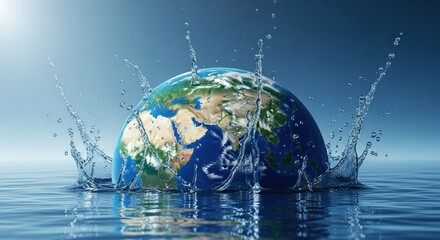 A globe with water splashing around it, representing the Earth's water cycle.