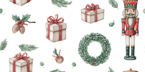 A festive watercolor seamless pattern with a traditional Nutcracker soldier, classic wreaths, and elegantly wrapped gifts, suitable for holiday textiles, stationery, and luxurious packaging.