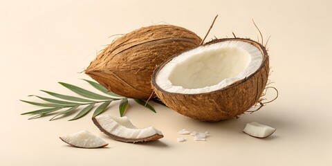 Exotic whole and halved coconuts with fresh palm leaf offer a vibrant tropical vibe, ideal for healthy eating and vacation promotions