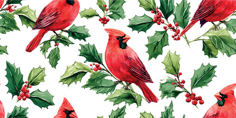 A vibrant, realistic watercolor seamless pattern of brilliant red Cardinal birds perched on holly branches with bright red winter berries on a clean white background.