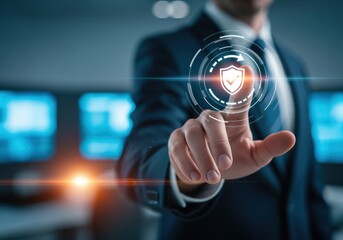Hand of executive pressing glowing futuristic shield symbol for network security and privacy.