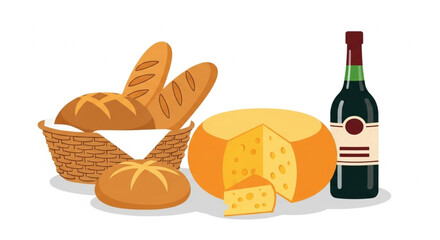 Artisan bread in basket with aged cheese and wine, inviting illustration for food blog or restaurant menu, celebrate rustic flavors, simple pleasures