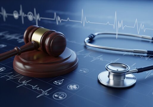 Gavel and stethoscope resting on a dark surface with an electrocardiogram line representing medical law and justice