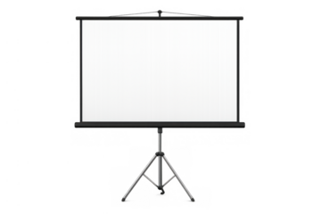 Projector screen standing on a tripod, providing a blank white surface for presentations, education, and advertising on transparent background