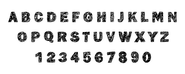 English alphabet crayon. Rough typescript font with pencil drawn. Chalk or wax texture. Vector illustration.