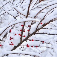 Winterberry plant branches covered with fresh white snow and bright red berries, symbolizing winter and Christmas