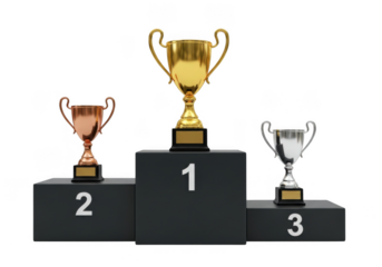 Gold silver bronze trophies on podium isolated on transparent background for sports awards and achievements