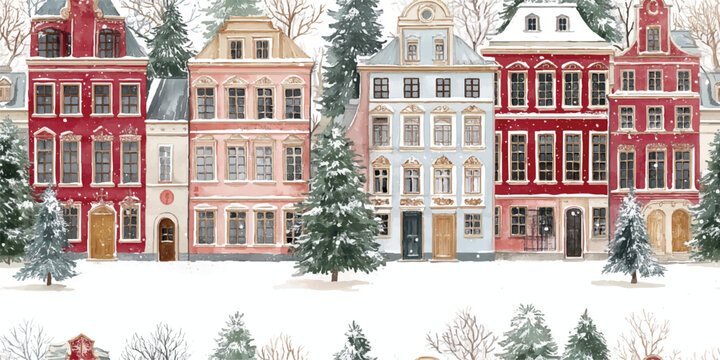 Fototapeta Watercolor red, pink, and gray Christmas houses in a snowy row seamless repeating pattern for design, textiles, and festive home decor.