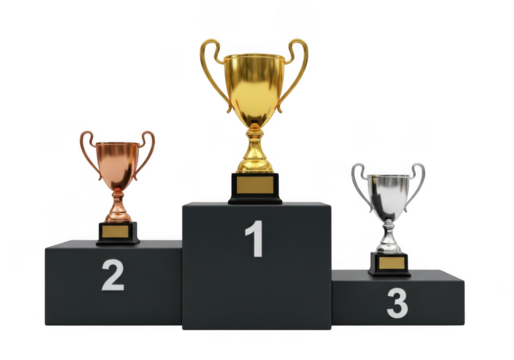 Gold silver bronze trophies on podium isolated on transparent background for sports awards and achievements - Powered by Adobe