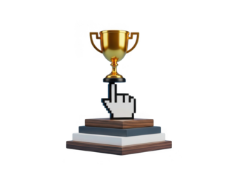 Golden trophy on cursor click isolated on transparent background for award success and achievement