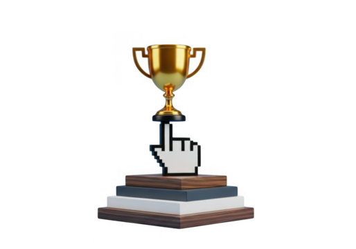 Golden trophy on cursor click isolated on transparent background for award success and achievement