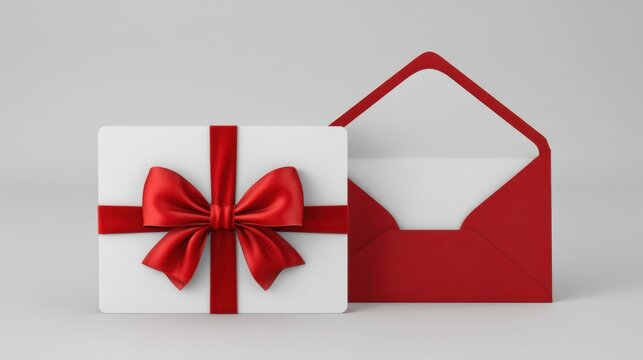 This scene features a gift card adorned with a shiny red bow next to a red envelope. It symbolizes thoughtful gifting for various occasions like birthdays holidays or celebrations.
