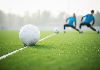 Soccer ball on green turf field line with blurred athletes stretching and training outdoors.