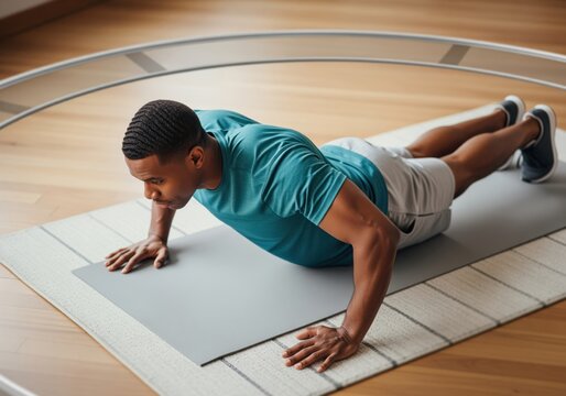 Strong black man performing pushups on an exercise mat during a focused fitness training session indoors.