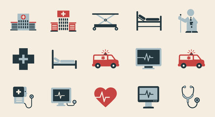 Collection of Medical Icons Representing Healthcare and Emergency Services.
