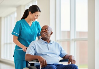 Smiling nurse pushes senior man in wheelchair down bright hospital hallway