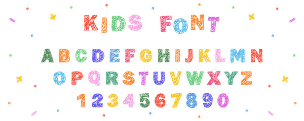 English alphabet crayon. Playful typescript font. Childish funny scribbles. Hand drawn pencil texture text. Vector illustration.