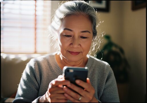 Mature asian woman focused on her smartphone screen while sitting indoors near a sunlit window