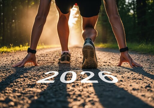 Runner in starting position on forest path with 2026 text symbolizing the beginning of a new year challenge