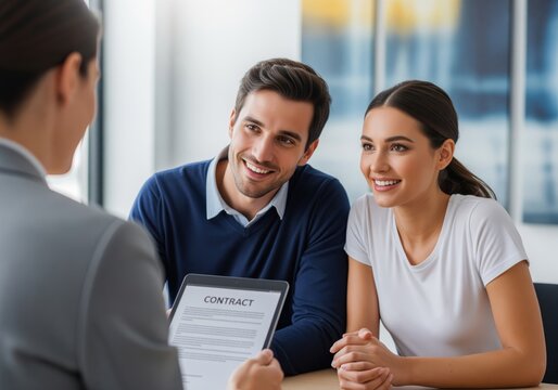 Smiling young couple reviewing a digital contract agreement with a professional financial advisor in an office meeting.