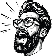 Angry bearded man with glasses screaming a monochrome graphic illustration of a yelling face with a stylish haircut.