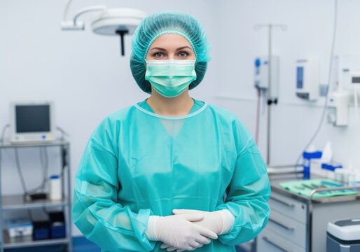 Confident female surgeon wearing sterile protective gown mask and gloves in operating room