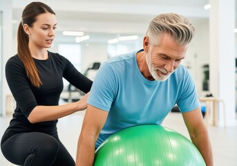 Senior man performing core exercise on stability ball guided by female physiotherapist
