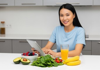 Young asian woman using digital tablet for healthy recipe planning surrounded by fresh fruit and vegetables.
