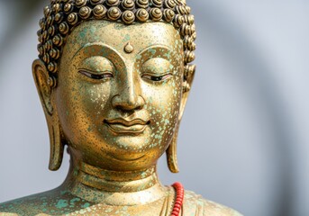 Serene face of a weathered gold buddha statue with verdigris patina and traditional red beads.