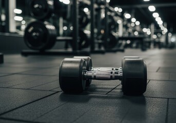 Heavy black dumbbell with chrome handle lying on dark rubber floor inside a moody gym facility
