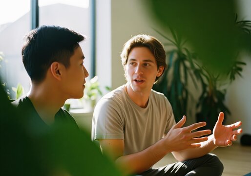 Diverse young men discussing ideas in a bright modern studio setting with natural light and lush indoor plants.